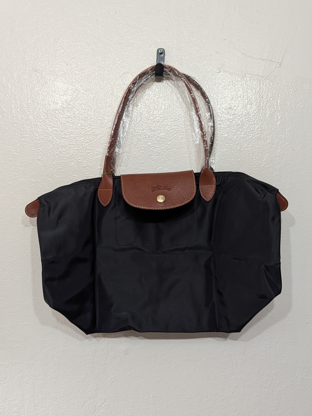 Longchamp Le Pliage Large Nylon Tote Bag - Black with Brown Trim